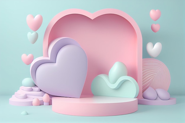 Empty pastel cylinder podium with 3D hearts and copy space background Valentine's Day interior with pedestal Mockup space for display of product 3D rendering