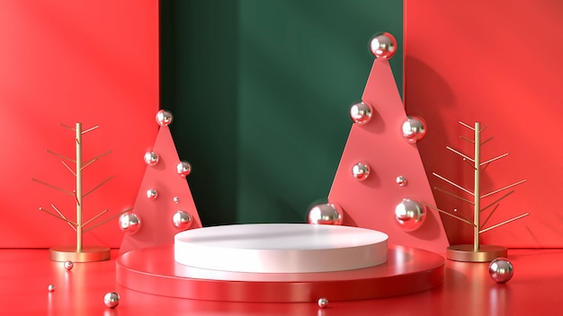 Empty pedestal podium with a Christmas red background theme