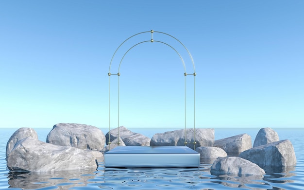 Empty pedestal on water background Abstract Minimal geometric 3d rendering