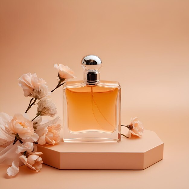 empty perfume bottle on the platform macup on a light orange background silk fabric beautiful dr