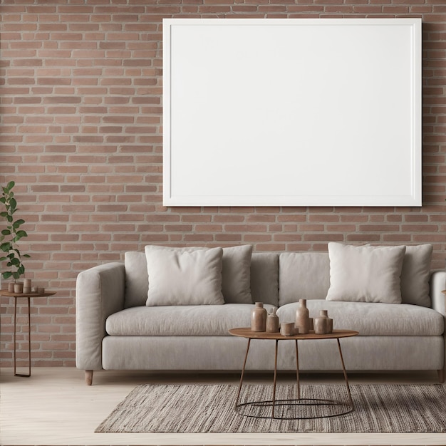 Empty photo frame in the living room with sofa