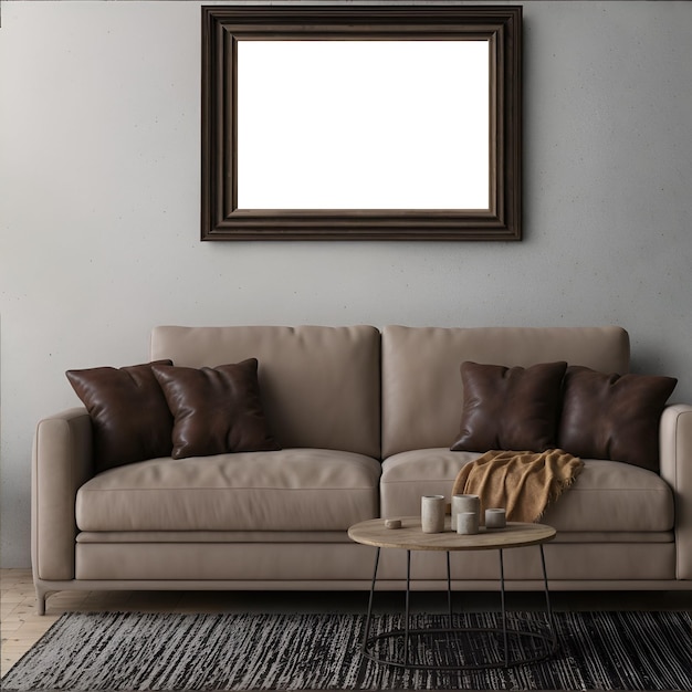 Empty photo frame in the living room with sofa