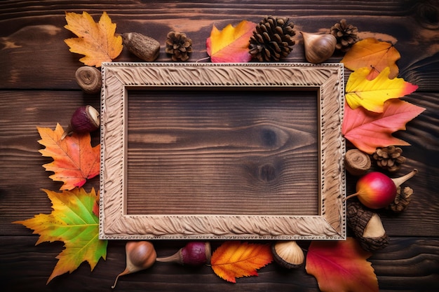 Empty photo frame made of weathered wood surrounded by leaves and pine