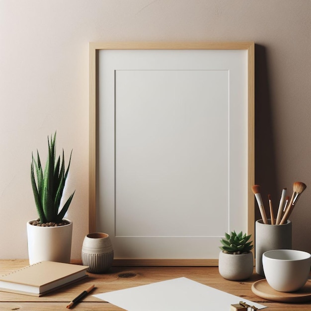 Empty photo frame mockup on wooden table