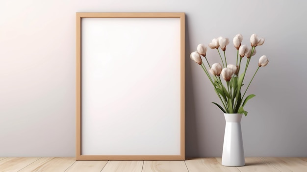 An empty photo frame on the table with a flower ornament