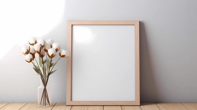 An empty photo frame on the table with a flower ornament