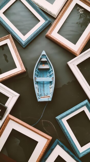 Empty photo frames and small boat