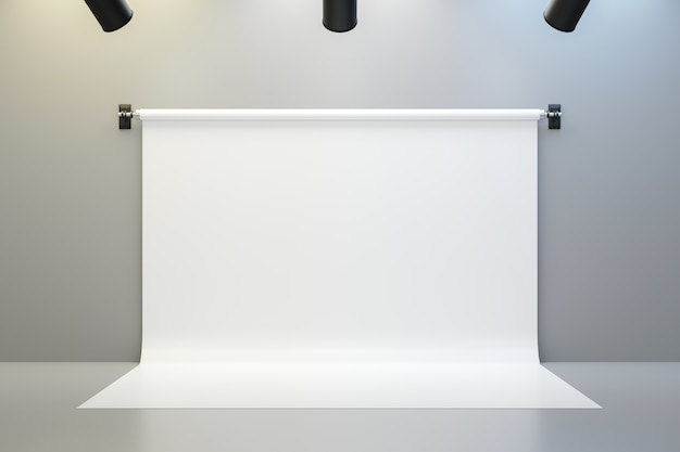 Empty photo studio backdrops on spotlight room background with showing template.  3D rendering.