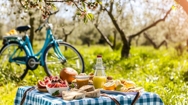 Empty picnic on a checkered tablecloth with healthy