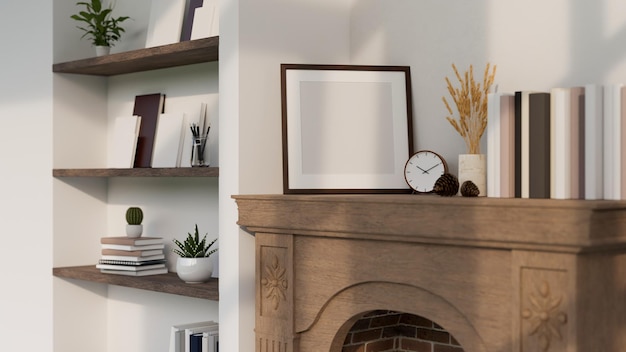 Empty picture frame mockup on a classic wood fireplace in minimal Scandinavian living room