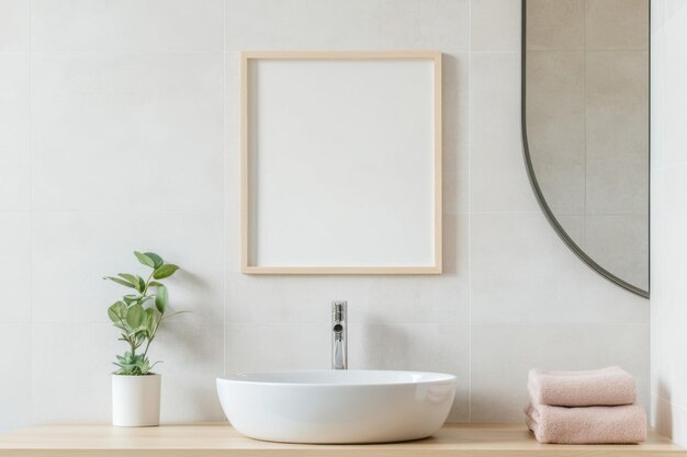 Photo empty picture frame mockup displayed on a bright bathroom room wall showcasing a minimalist design with a dining table and chairs in midday natural light