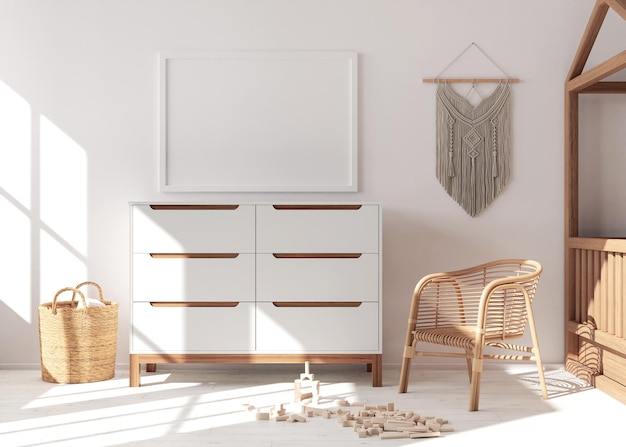 Empty picture frame on white wall in modern child room. Mock up interior in scandinavian, boho style. Free, copy space for your picture. Console, rattan armchair, toys. Cozy room for kids 3D rendering