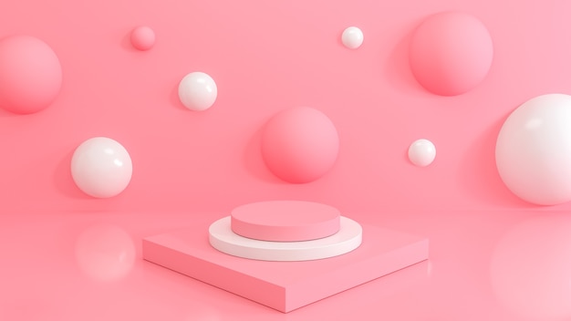 Empty Pink pedestal geometric podium on Pink Background