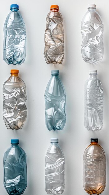 Photo empty plastic bottles showcased against a clean white background emphasizing their distinct shapes