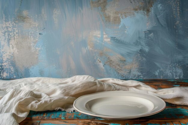 Photo empty plate on tablecloth on wooden table over grunge blue background