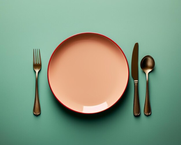 an empty plate with a fork spoon and knife on a green background