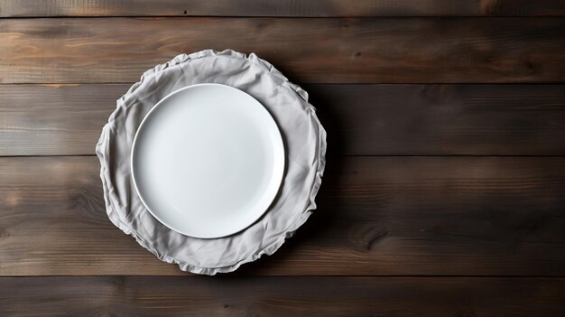 Empty plate with napkin on grey wooden table