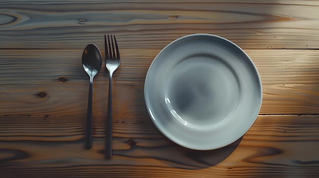 Empty plate with spoon and fork on wooden background Generative AI