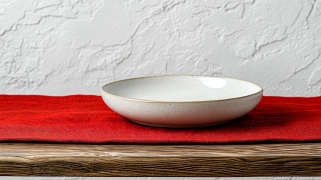 Empty Plate on Wooden Table with Red Tablecloth