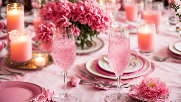 Empty plates glasses candles on the table with flowers