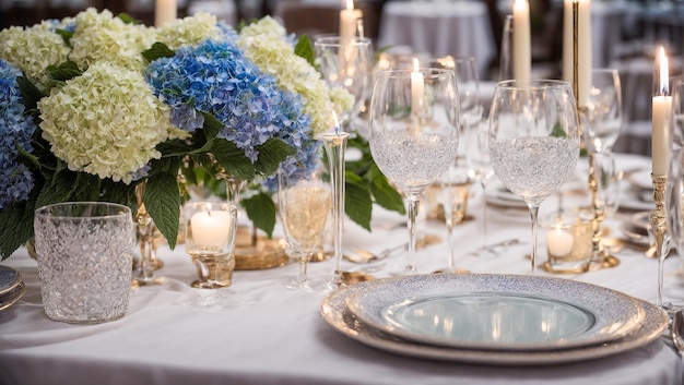 Empty plates glasses candles on the table with flowers