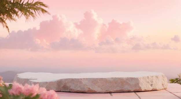 Empty platform on rock with sunset sky