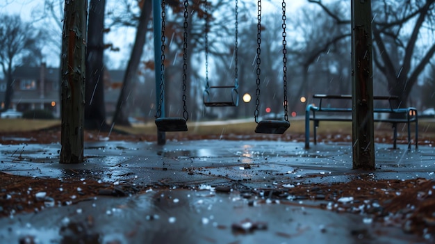 An empty playground on a rainy day The swings are wet and the ground is covered in leaves The scene is peaceful and still