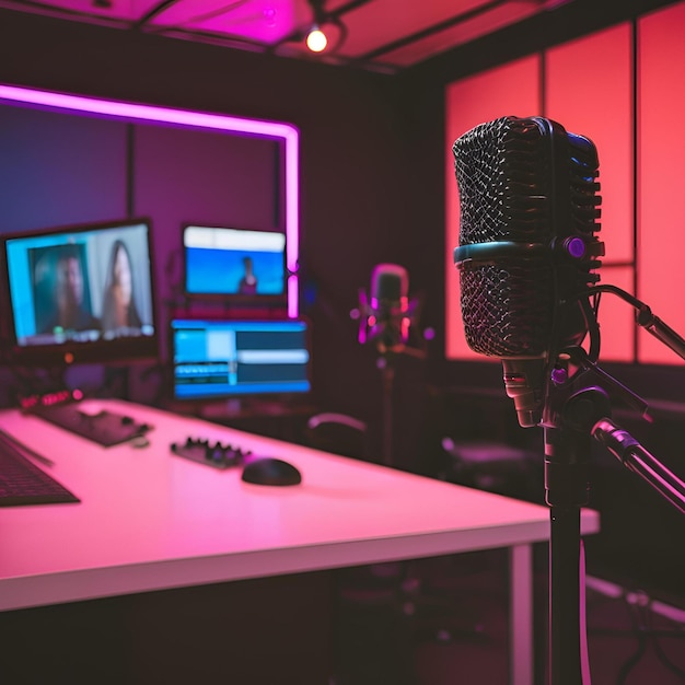 Photo empty podcast studio interior with no people inside media broadcasting and communication room