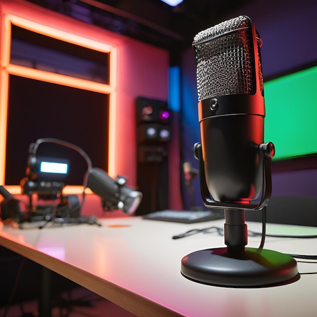 Empty podcast studio interior with no people inside Media broadcasting and communication room