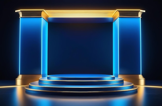 Empty podium on blue background with light