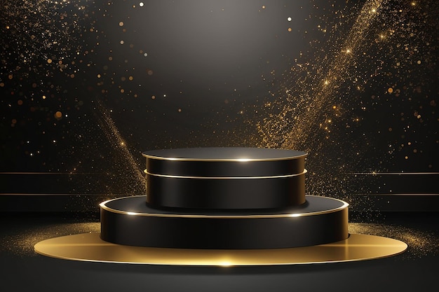 Empty podium for decor advertising show Black podium with golden glitter luxury design on dark background Vector illustration