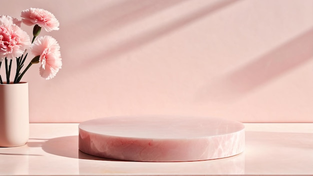 Empty podium displaying products of pink jade stone and pink carnation flower