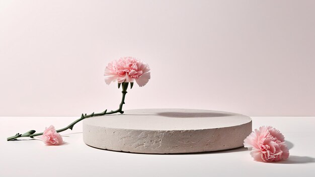 Photo empty podium displaying products of stone and pink carnation flower for showcasing merchandise