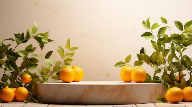 Empty podium on light architectural background surrounded by orange lemon Abstract background with