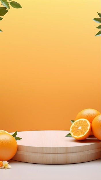 Empty podium on light architectural background surrounded by orange lemon Abstract background