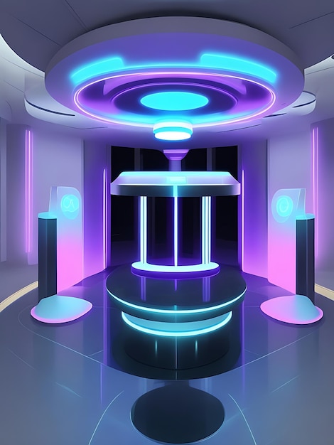 Empty podium for products display futuristic pedestal Futuristic room with circle neon podium