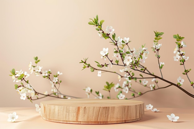 Empty podium and spring tree branch on beige background for product presentation