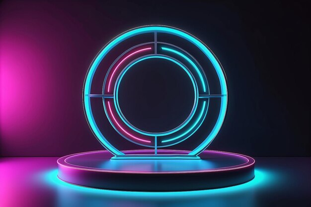 Empty podium with circle neon lighting background Neon light product stage 3d rendering