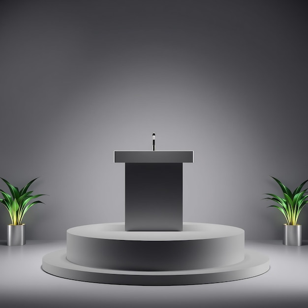 Photo empty podium with a microphone in a gray room with plants on either side