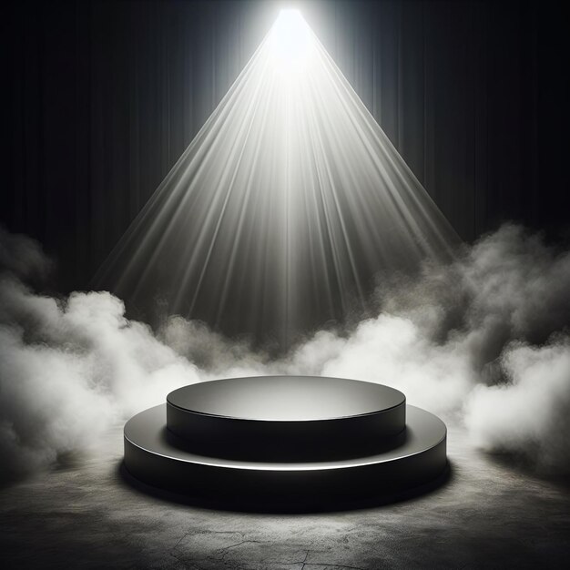 Empty podium with smoke illuminated with spotlights