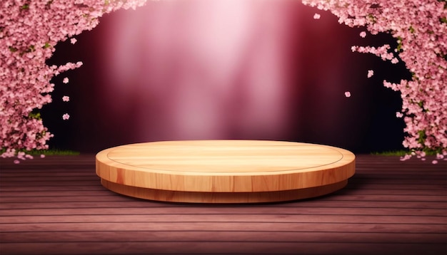 Empty podium wooden table top product display showcase stage with spring cherry blossom background