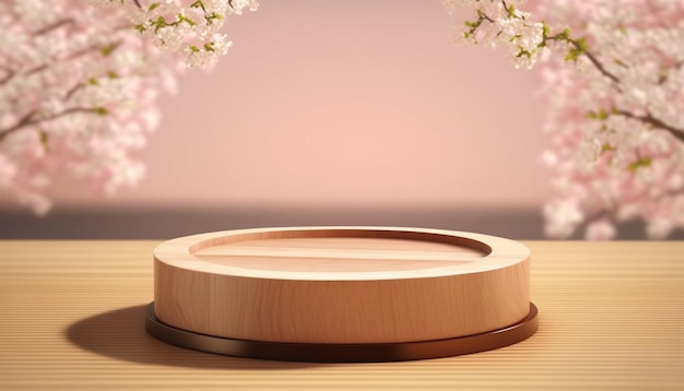 Empty podium wooden table top product display showcase stage with spring cherry blossom background