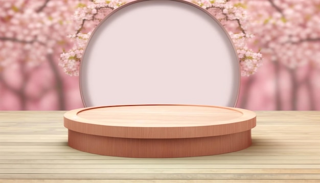 Empty podium wooden table top product display showcase stage with spring cherry blossom background