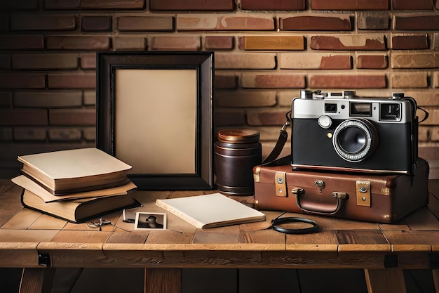 An empty Polaroid frame propped up against a brick wall amidst a collection of vintage items The sce...