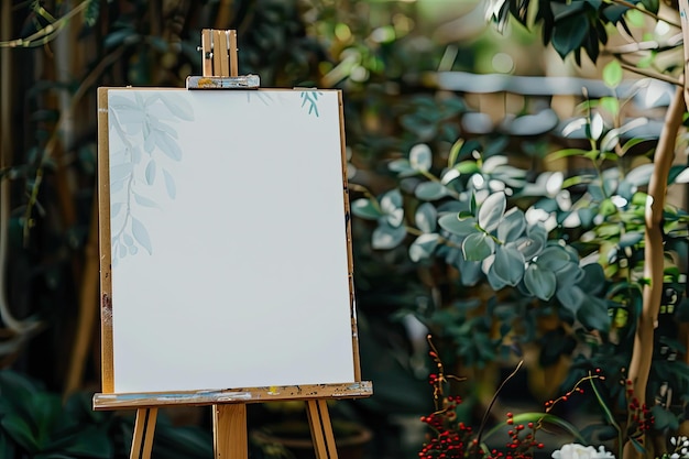 Empty poster on easel on wedding ceremony boho style