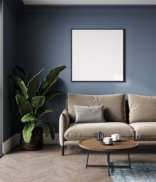 Empty poster frame mockup on blue wall in luxury interior background with brown sofa frame mock up