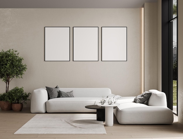 Empty poster frames on beige wall in living room interior with modern furniture and big window gray sofa loft 3d render