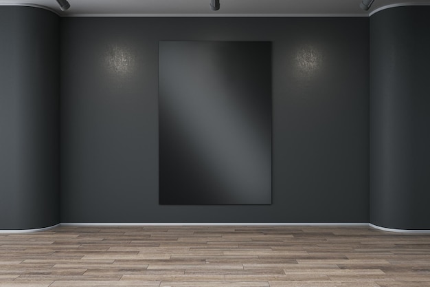 Empty poster hanging in simple black concrete gallery interior with wooden flooring Mock up 3D Rendering