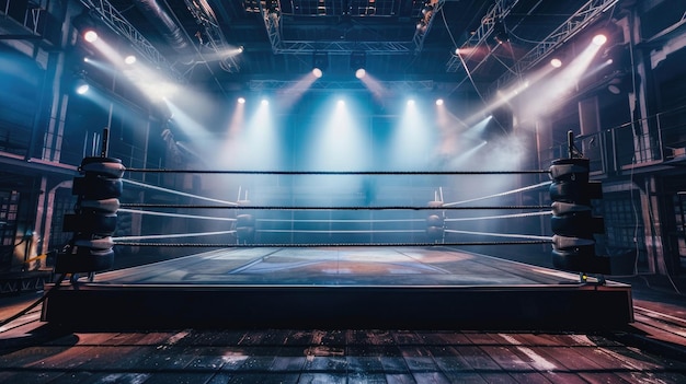 An empty professional boxing ring in a spacious arena with dazzling spotlights