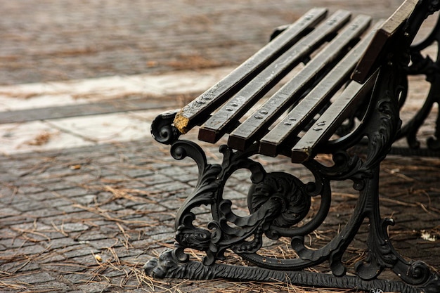 Empty of public park with wooden bench